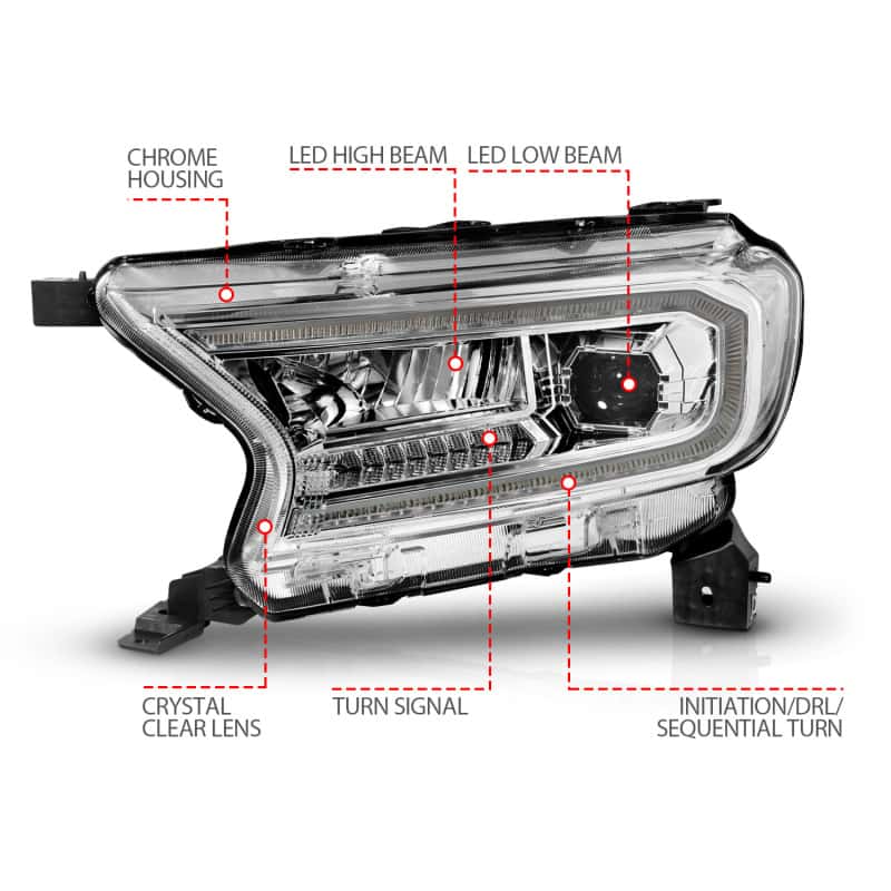 ANZO — ANZO 19-23 Ford Ranger (Factory Halogen Models) Full LED Proj Headlights DRL/SeqSig Chrome - Pair - view 4