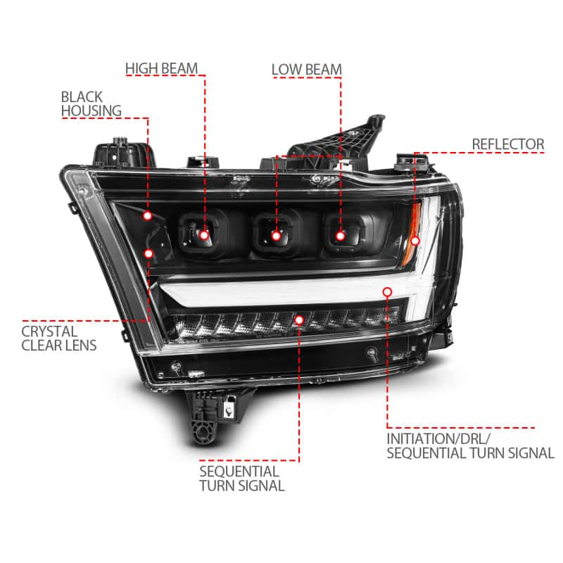ANZO — ANZO 19-24 RAM 1500 (New Body/OE Halogen) Full LED Proj Headlights DRL/SeqSig Black - Pass. Side - view 10