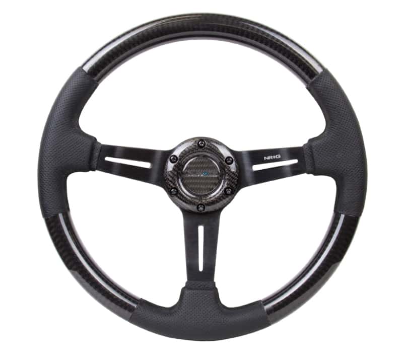 NRG — NRG Carbon Fiber Steering Wheel (350mm / 1.5in. Deep) Leather Trim w/Blk Stitch & Slit Cutout Spokes - view 1