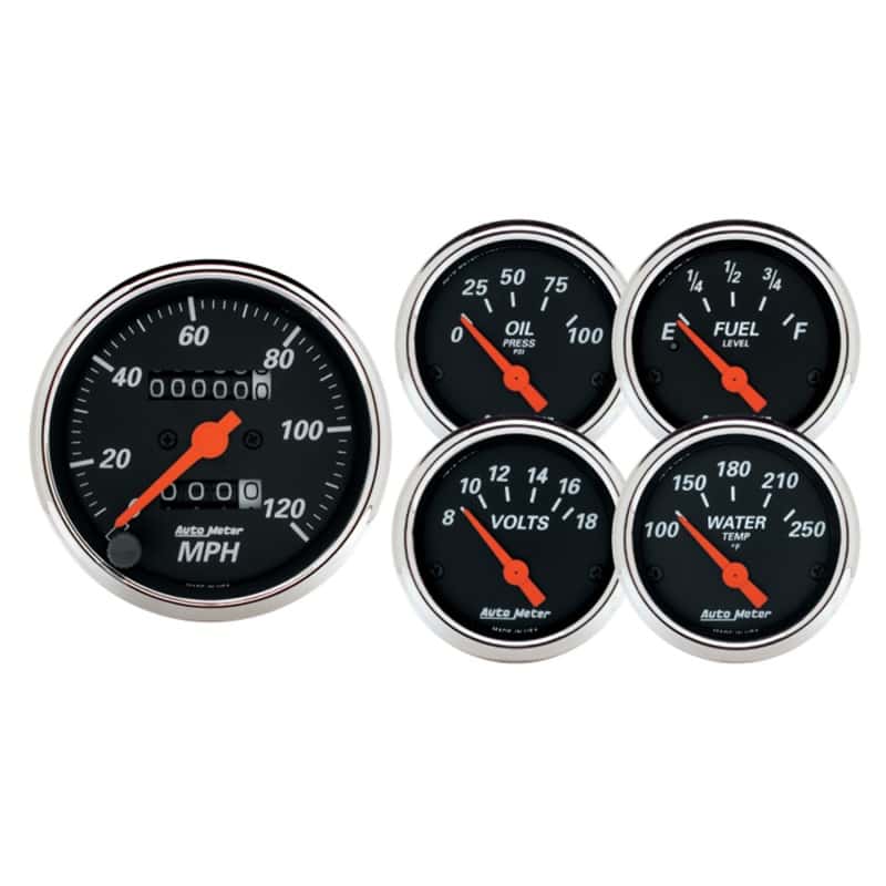 AutoMeter — Autometer Designer Black 5pc 100-250deg Temp / 8-18V Volt / 120mph Speed / 100psi Oil / E-F Fuel
GA SET 5PC M SPD DB - view 2