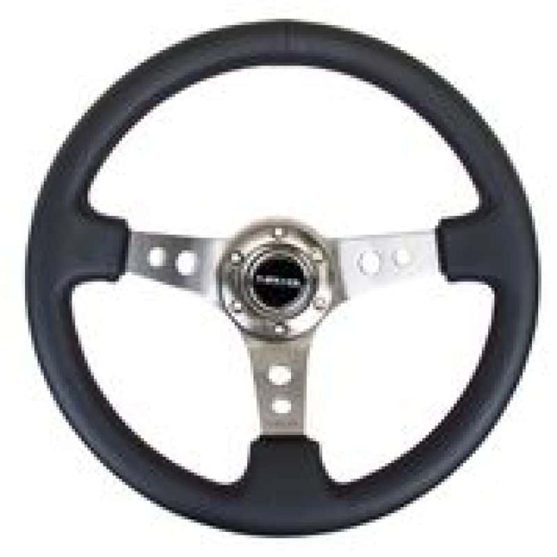 NRG — NRG Reinforced Steering Wheel (350mm / 3in. Deep) Blk Leather w/Gunmetal Circle Cutout Spokes - view 3