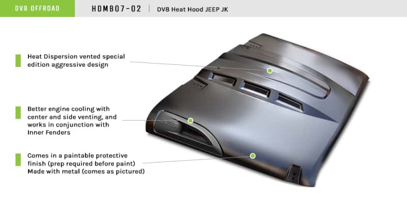 DV8 Offroad — DV8 Offroad 07-18 Jeep Wrangler JK Metal Heat Dispersion Hood - Primer Black - view 2