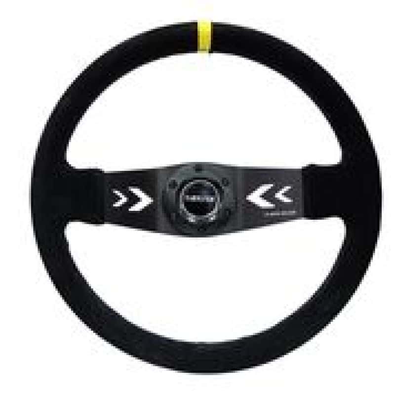 NRG — NRG Reinforced Steering Wheel (350mm / 3in. Deep) Blk Suede w/NRG Arrow Cut 2-Spoke & Yellow Mark - view 4