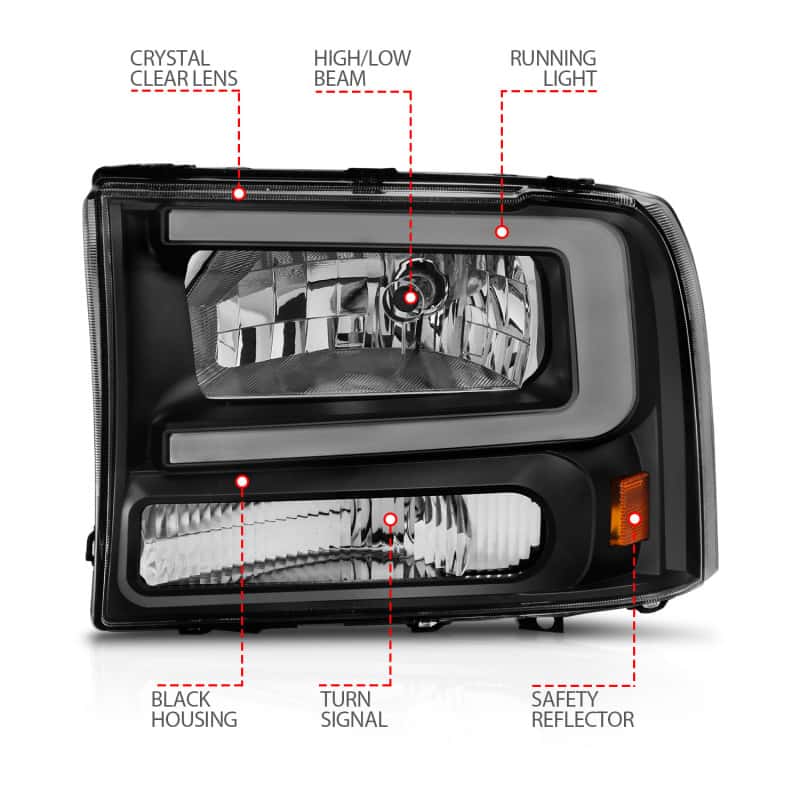 ANZO — ANZO 99-04 Ford F250/F350/F450/Excursion (excl. 99) Crystal Headlights - w/ Light Bar Black Housing
Head Light Set
HdLtSet - view 10