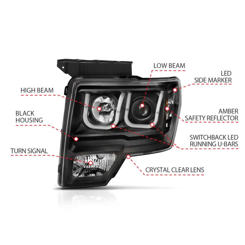 ANZO — ANZO 2009-2014 Ford F-150 Projector Headlights w/ U-Bar Switchback Black w/ Amber
Head Light Set
HdLtSet - view 10