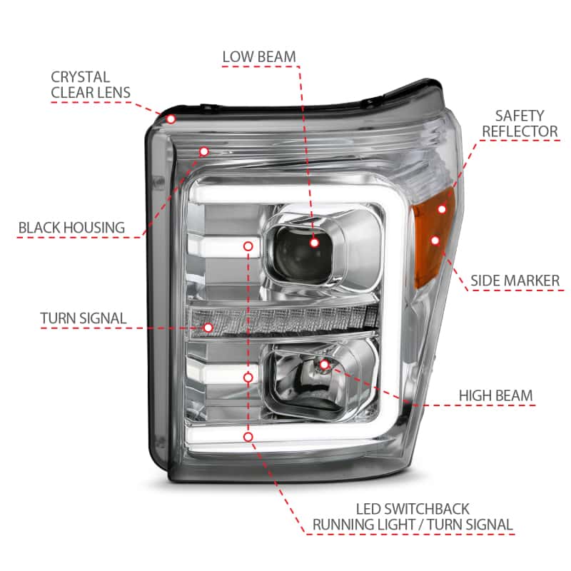 ANZO — ANZO 11-16 Ford F-250/F-350/F-450 Projector Headlights w/ Plank Style Switchback Chrome w/Amber
Projector Headlights
Head Light Set - view 9