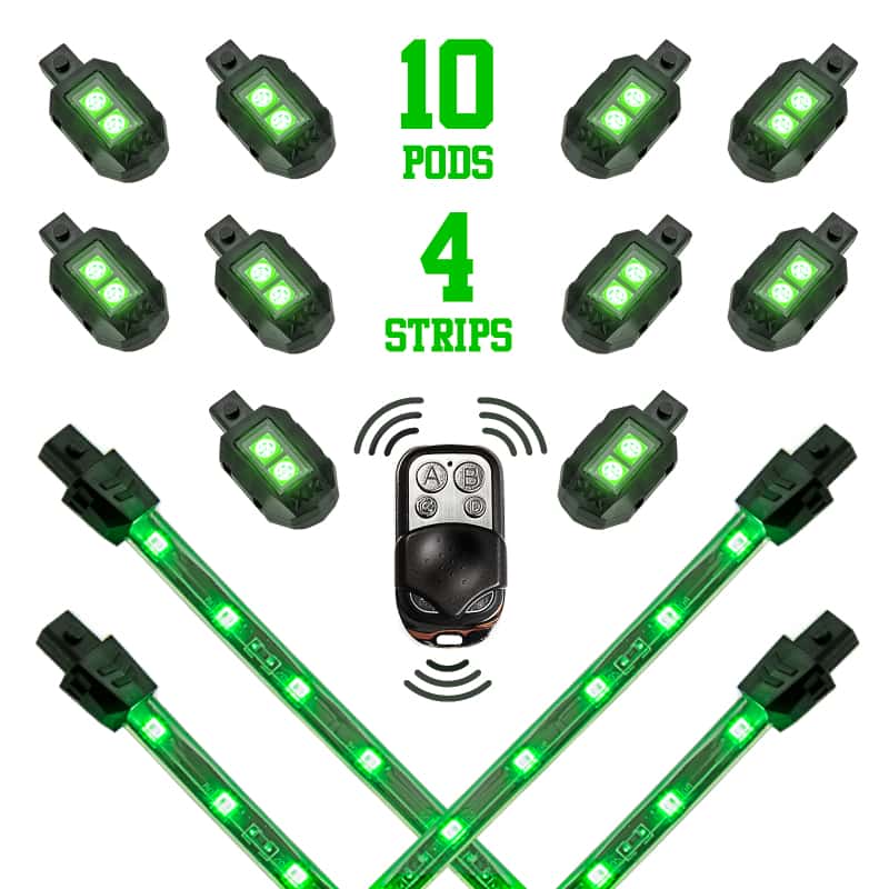 XKGLOW — XK Glow Strips Single Color XKGLOW LED Accent Light Motorcycle Kit Green - 10xPod + 4x8In - view 2