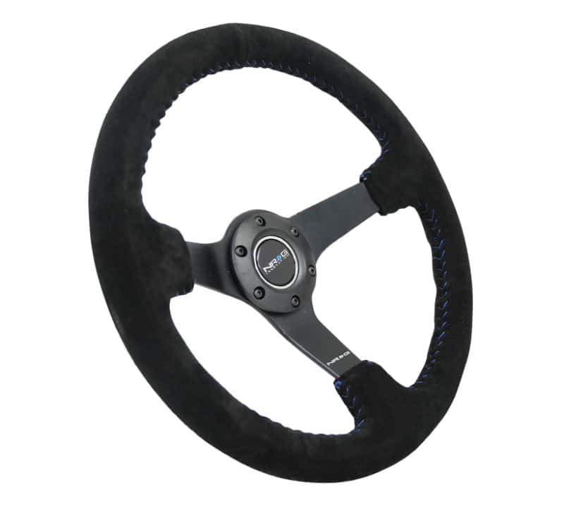 NRG — NRG Reinforced Steering Wheel (350mm / 3in. Deep) Blk Suede/Blue BBall Stitch w/5mm Matte Blk Spokes - view 2