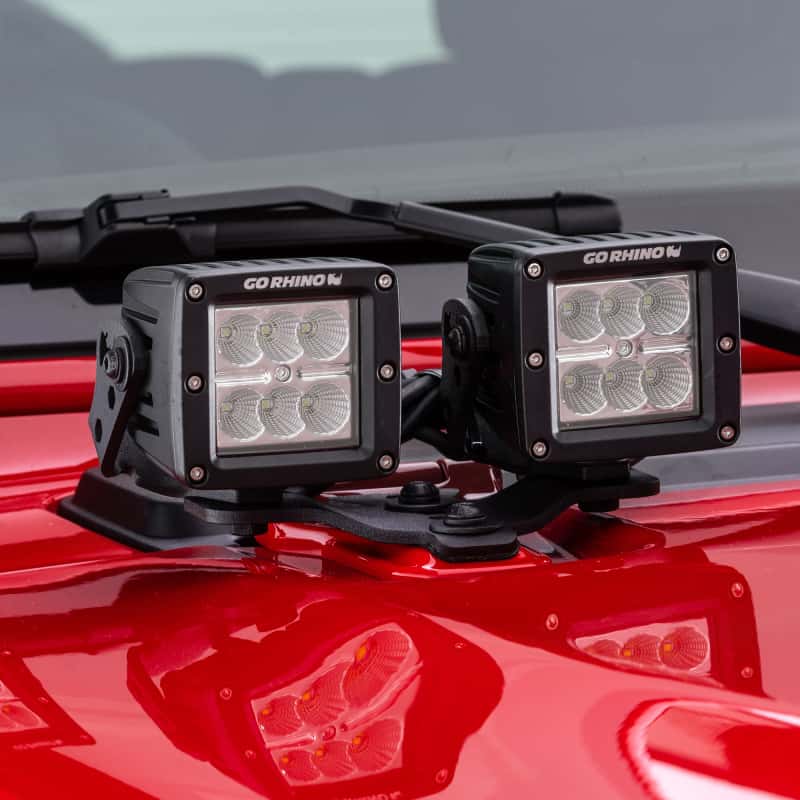 Go Rhino — Go Rhino 18-20 Jeep Wrangler JL/JLU/Gladiator JT Light Mount - Two 3in Cubes
Hood Hinge Mount - view 3