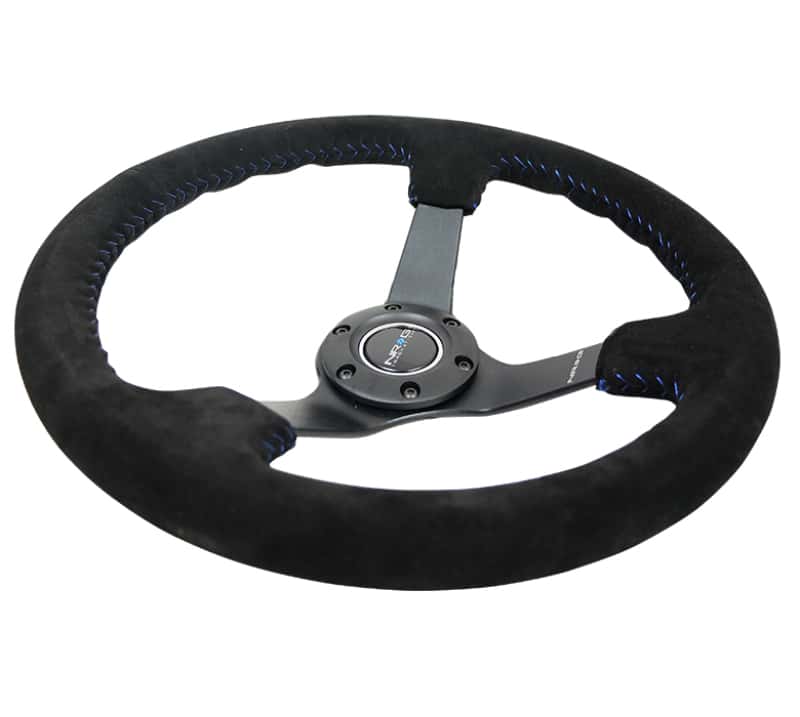NRG — NRG Reinforced Steering Wheel (350mm / 3in. Deep) Blk Suede/Blue BBall Stitch w/5mm Matte Blk Spokes - view 5