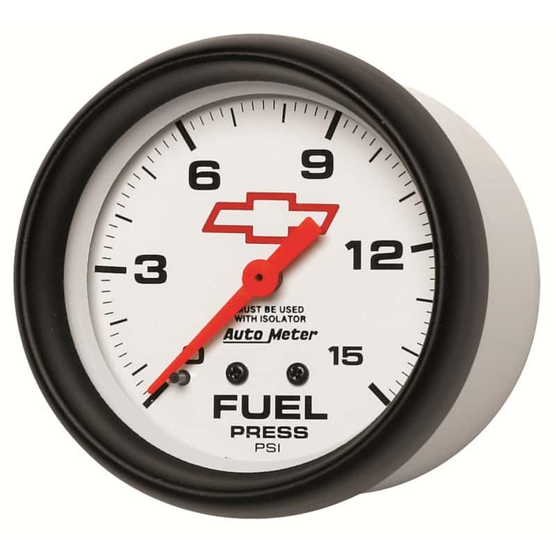 AutoMeter — AutoMeter Gauge Fuel Press 2-5/8in. 15PSI Mech W/Isolator Chevy Red Bowtie White
2-5/8" FUEL PRESS, 0 - view 4