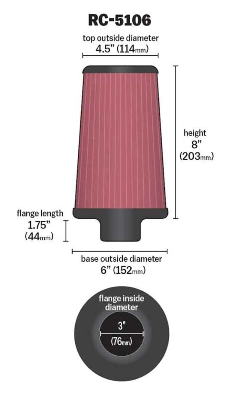 K&N Engineering — K&N Universal Chrome Round Tapered Air Filter 3in FlangeID / 6in Base OD / 4.5in Top OD / 8in Height
Universal Clamp-On A
Clamp-on Air Filter - view 3
