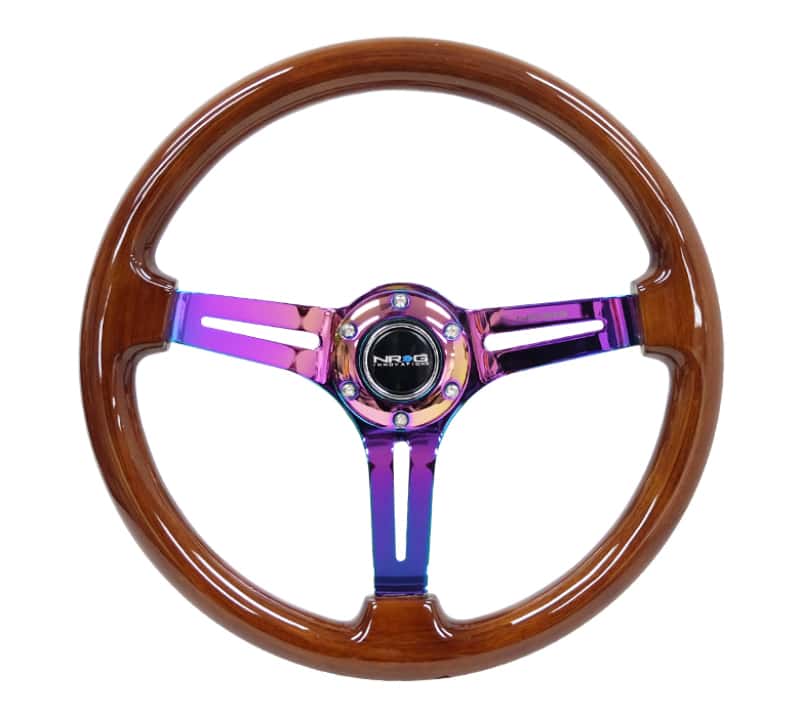 NRG — NRG Reinforced Steering Wheel (350mm / 3in. Deep) Brown Wood w/Blk Matte Spoke/Neochrome Center Mark - view 1
