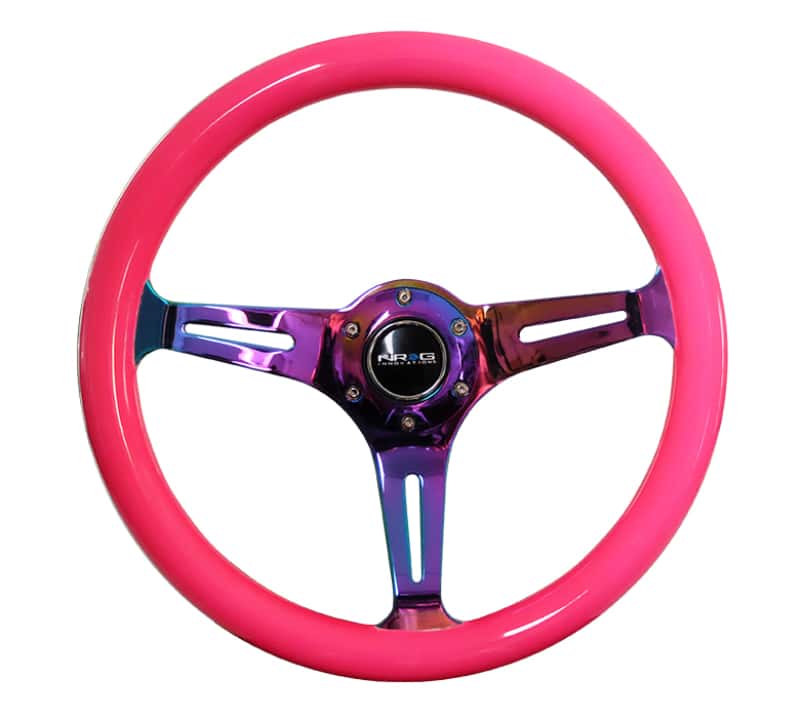NRG — NRG Classic Wood Grain Steering Wheel (350mm) Neon Pink Painted Grip w/Neochrome 3-Spoke Center - view 1