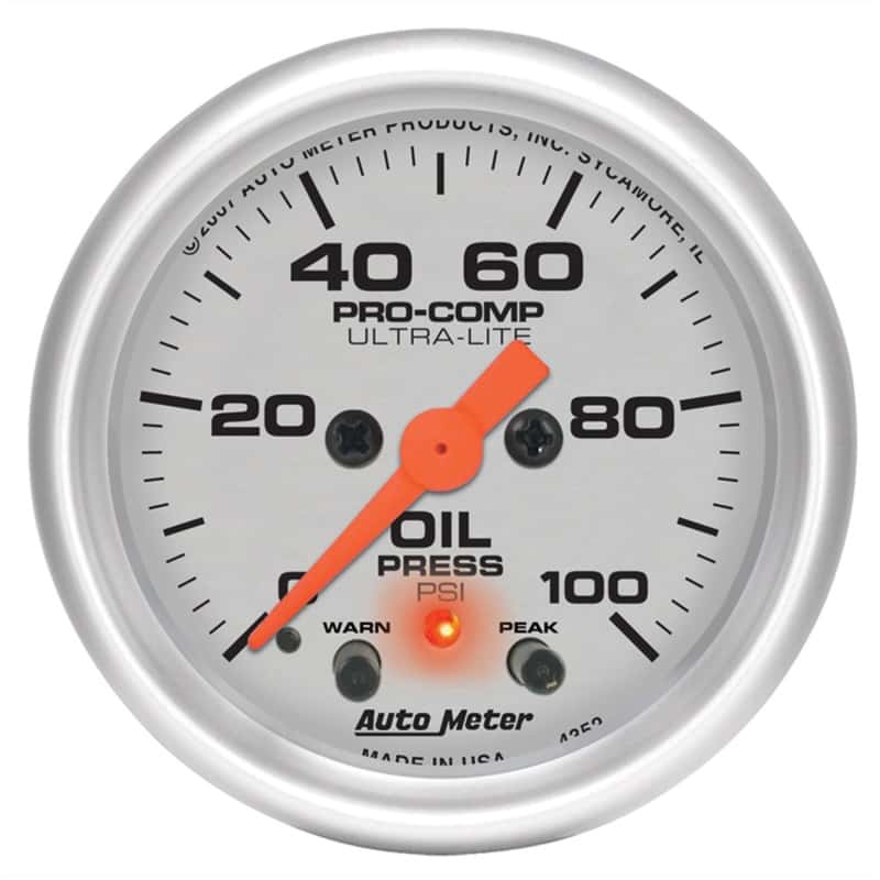 AutoMeter — Autometer Ultra-Lite 52mm 0-100 PSI F/S Electronic Oil Pressure w/ Peak Memory & Warning Gauge
2-1/16" OIL PRESS, 0 - view 1