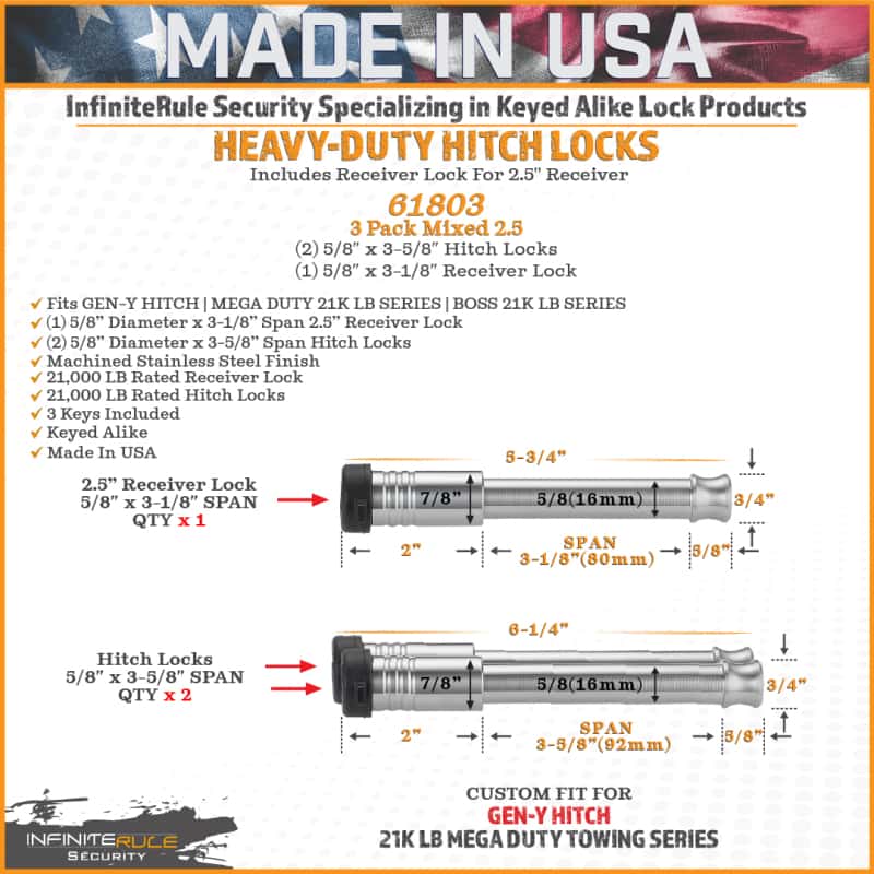 GEN-Y Hitch — Gen-Y InfiniteRule (2) 5/8in x 3-5/8in Hitch Locks (1) 5/8in x 3-1/8in 2.5in Receiver Lock w/6 Keys
Trailer Hitch Pin - view 3
