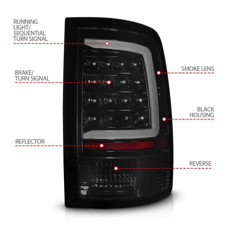 ANZO — ANZO 09-18 Dodge Ram 1500 Full LED Taillights w/ Sequential Black Housing/Smoke Lens
Tail Light Set - view 10