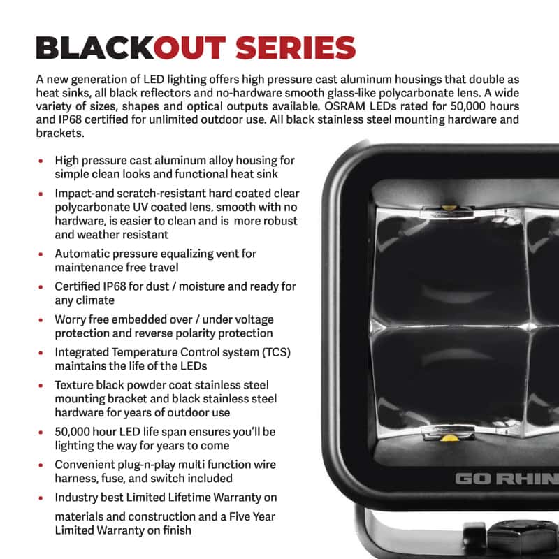 Go Rhino — Go Rhino Xplor Blackout Series Sixline LED Flood Light Kit (Surface/Threaded Stud Mnt) - Blk (Pair)
BLK- Sixline Lights - view 8