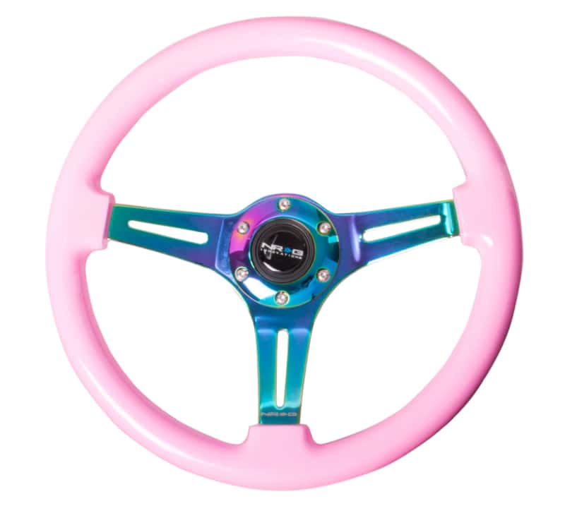 NRG — NRG Classic Wood Grain Steering Wheel (350mm) Solid Pink Painted Grip w/Neochrome 3-Spoke Center - view 1