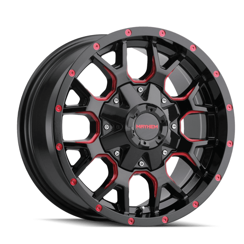 Mayhem — Mayhem 8015 Warrior 17x9 / 5x127 BP / -12mm Offset / 87mm Hub Black w/ Prism Red Wheel
MAYHEM 8015 - view 3