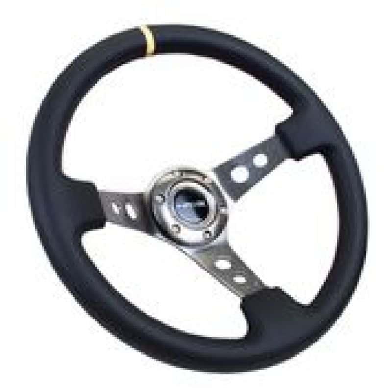 NRG — NRG Reinforced Steering Wheel (350mm / 3in. Deep) Blk Leather w/Gunmetal Cutout Spoke & Yellow CM - view 2