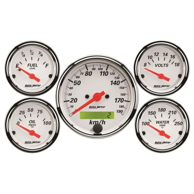 AutoMeter — Autometer Arctic White 5 Pc Kit Box w/ Elec KMH Speedo, Elec Oil Press, Water Temp, Volt, Fuel Level
GA KT 5PC E SPD K AW - view 1