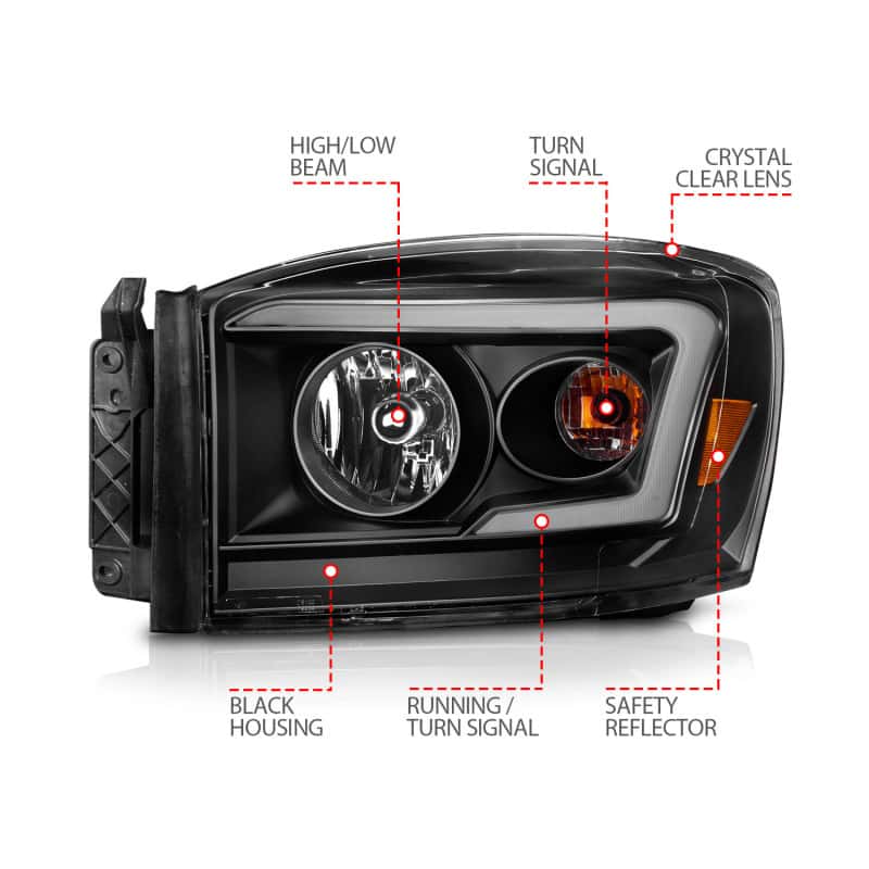 ANZO — ANZO 06-09 Dodge RAM 1500/2500/3500 Headlights Black Housing/Clear Lens (w/Switchback Light Bars)
Head Light Set
HdLtSet - view 6