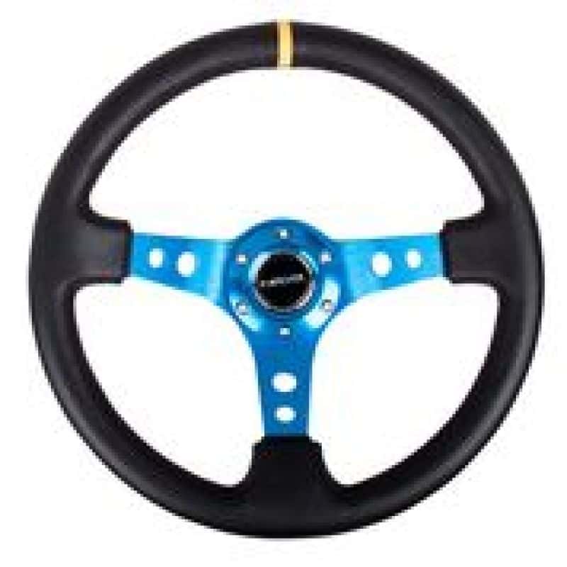 NRG — NRG Reinforced Steering Wheel (350mm / 3in. Deep) Blk Leather w/Blue Cutout Spoke & Single Yellow CM - view 2