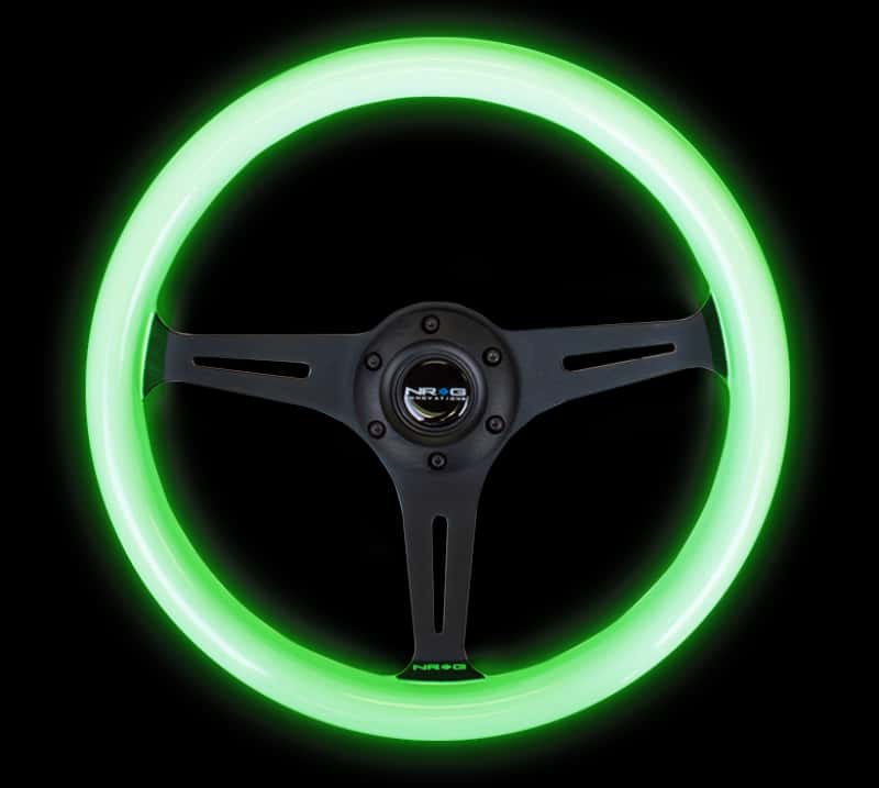NRG — NRG Classic Wood Grain Steering Wheel (350mm) Glow-N-The-Dark Green Grip w/Black 3-Spoke Center - view 4
