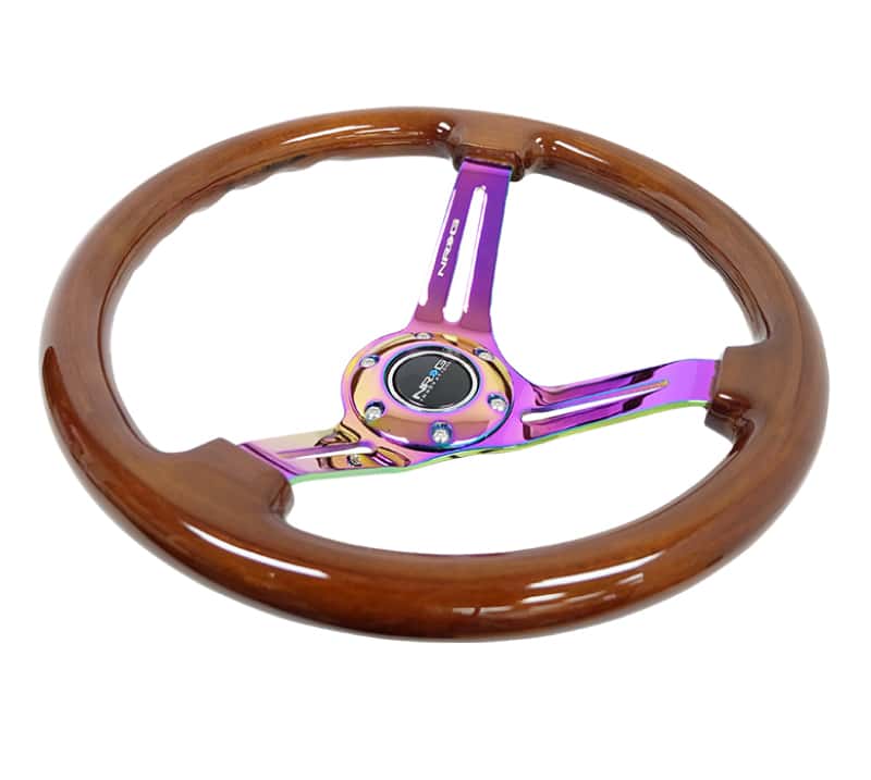 NRG — NRG Reinforced Steering Wheel (350mm / 3in. Deep) Brown Wood w/Blk Matte Spoke/Neochrome Center Mark - view 3