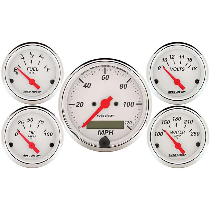 AutoMeter — Autometer Arctic White 5 Pc Kit Box w/ Elec Speedo, Elec Oil Press, Water Temp, Volt, Fuel Level
GA SET 5PC E SPD AW - view 1
