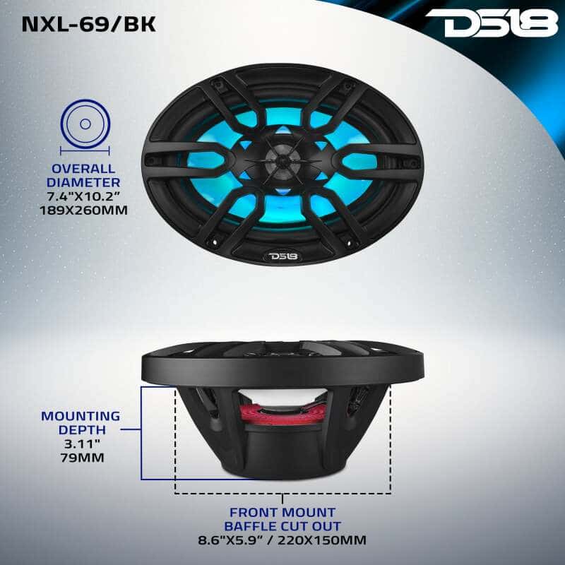 DS18 — DS18 NXL Series Coaxial Marine Speaker w RGB Lights 6x9in 2-Way 125 Watts RMS 4 ohm Black w Cover - view 9
