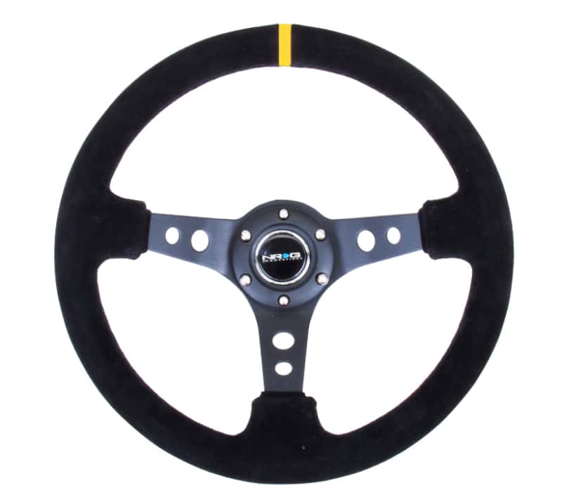 NRG — NRG Reinforced Steering Wheel (350mm / 3in. Deep) Blk Suede w/Circle Cut Spokes & Single Yellow CM - view 1