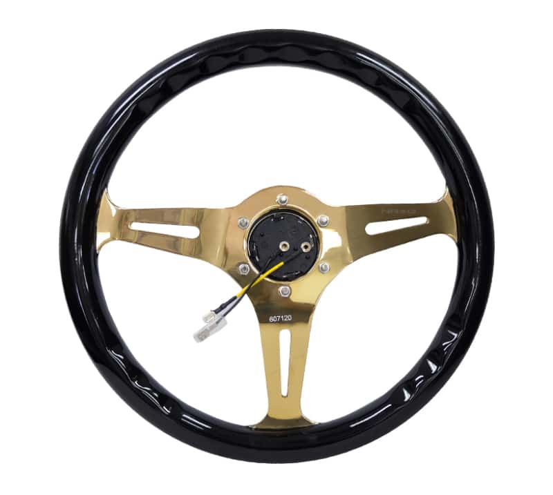 NRG — NRG Classic Wood Grain Steering Wheel (350mm) Black Grip w/Chrome Gold 3-Spoke Center - view 4
