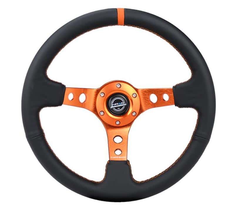NRG — NRG Reinforce Steering Wheel (350mm / 3in. Deep) Blk Leather, Orange Center Mark w/ Orange Stitching - view 3
