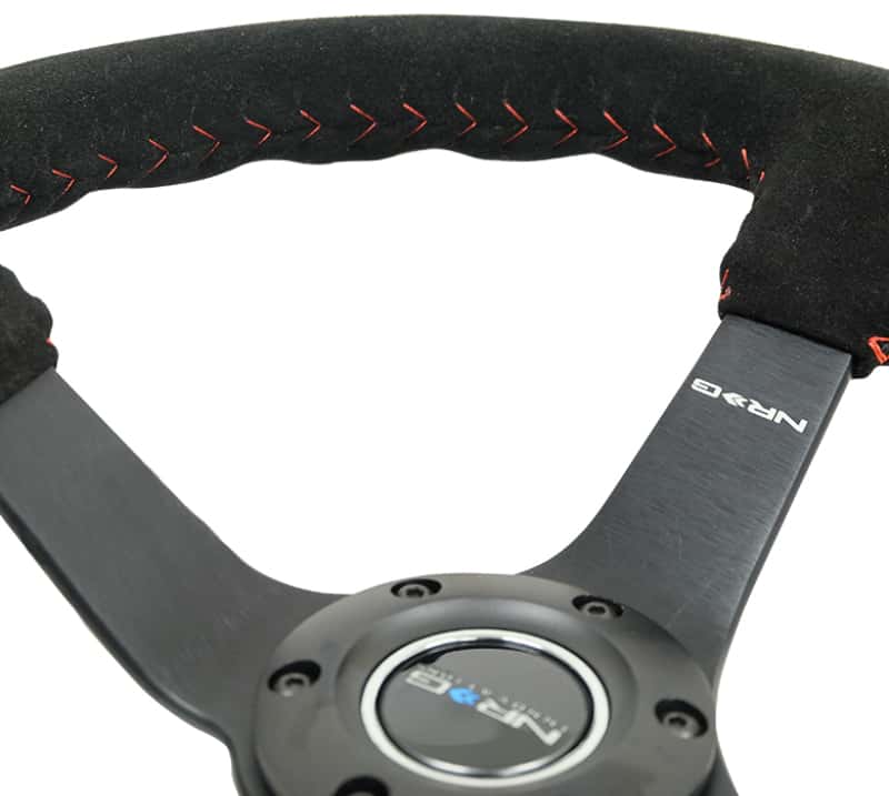 NRG — NRG Reinforced Steering Wheel (350mm / 3in. Deep) Blk Suede/Red BBall Stitch w/5mm Matte Blk Spokes - view 6