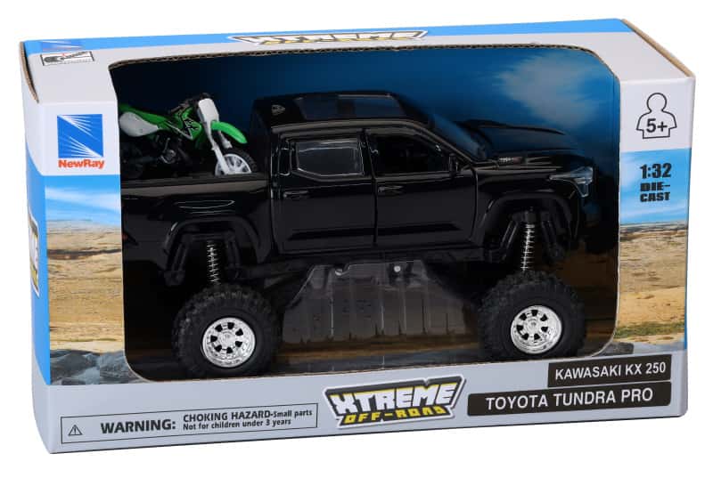 New Ray Toys — New Ray Toys Toyota Tundra Pro Lifted Truck Black with Kawasaki Dirt Bike 1:32 Scale - view 2