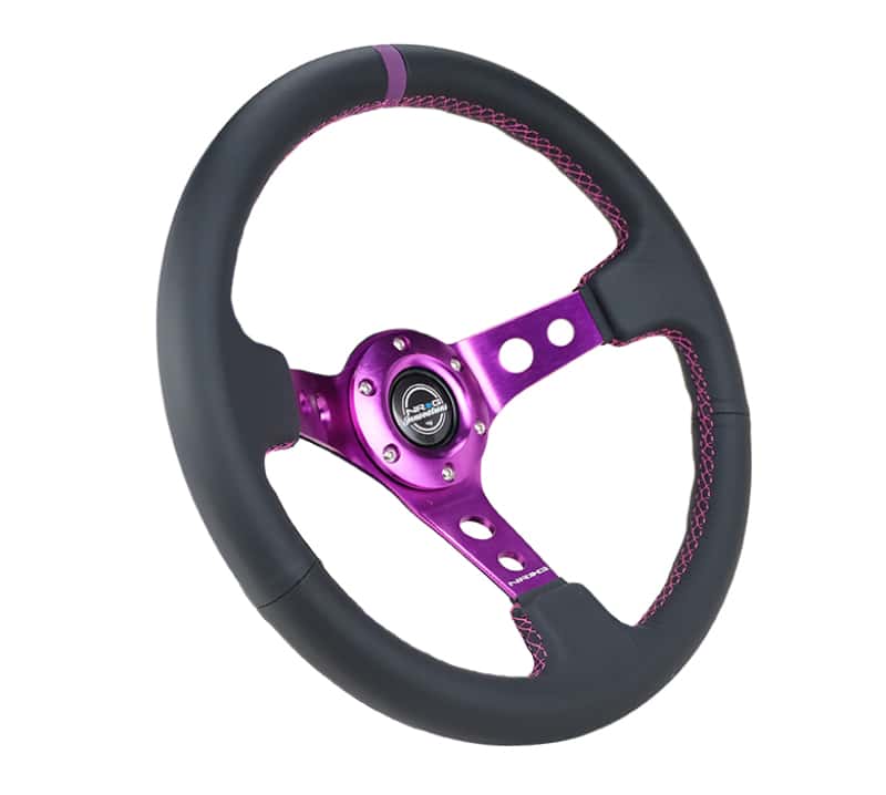 NRG — NRG Reinforced Steering Wheel (350mm / 3in. Deep) Black Leather w/Purple Center & Purple Stitching - view 2