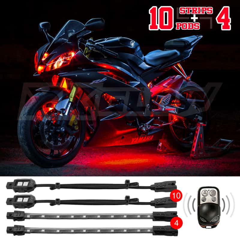 XKGLOW — XK Glow Single Color XKGLOW LED Accent Light Motorcycle Kit Red - 10xPod + 4x8InStrips - view 1