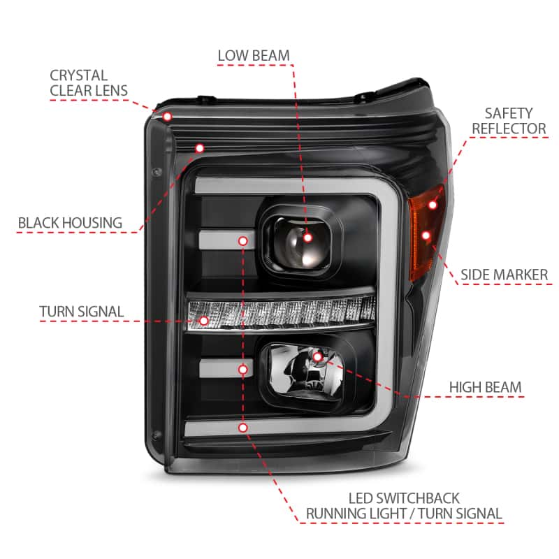 ANZO — ANZO 2011-2016 Ford F250 Projector Headlights w/ Plank Style Switchback Black w/ Amber
Projector Headlights
Head Light Set - view 6