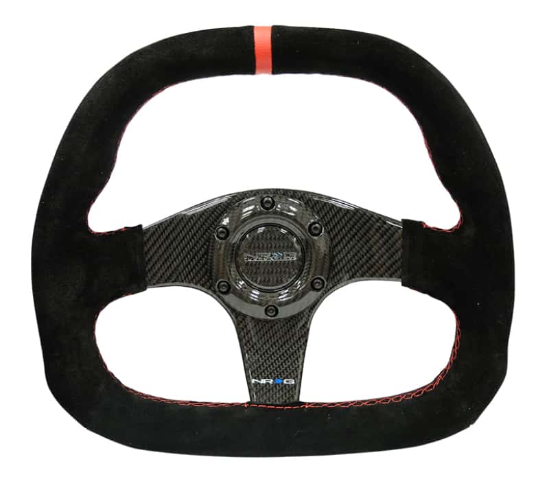 NRG — NRG Carbon Fiber Steering Wheel (320mm) Flat Btm. Blk Suede/Red Stitch w/CF Spokes & Red Center Mark - view 1