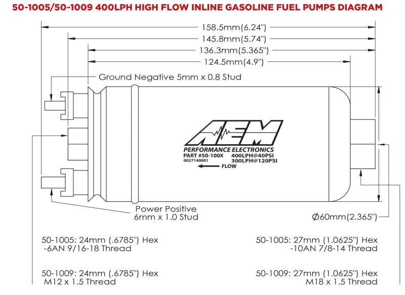 AEM — AEM 400LPH High Pressure Inline Fuel Pump - M18x1.5 Female Inlet to M12x1.5 Male Outlet
Inline Hi Flow Fuel
400LPH (Metric - view 7