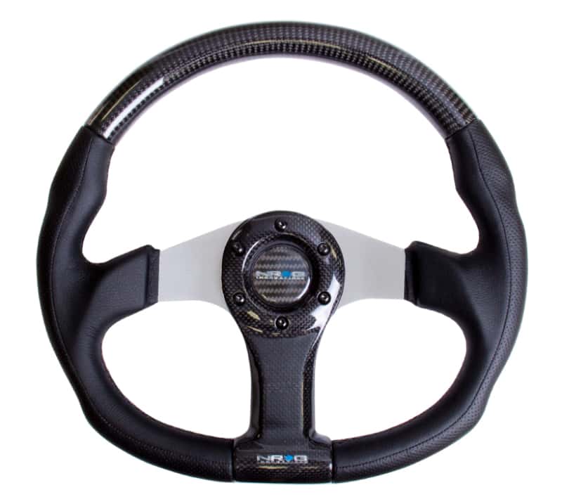 NRG — NRG Carbon Fiber Steering Wheel (350mm) Silver Oval Shape w/Leather Trim - view 1