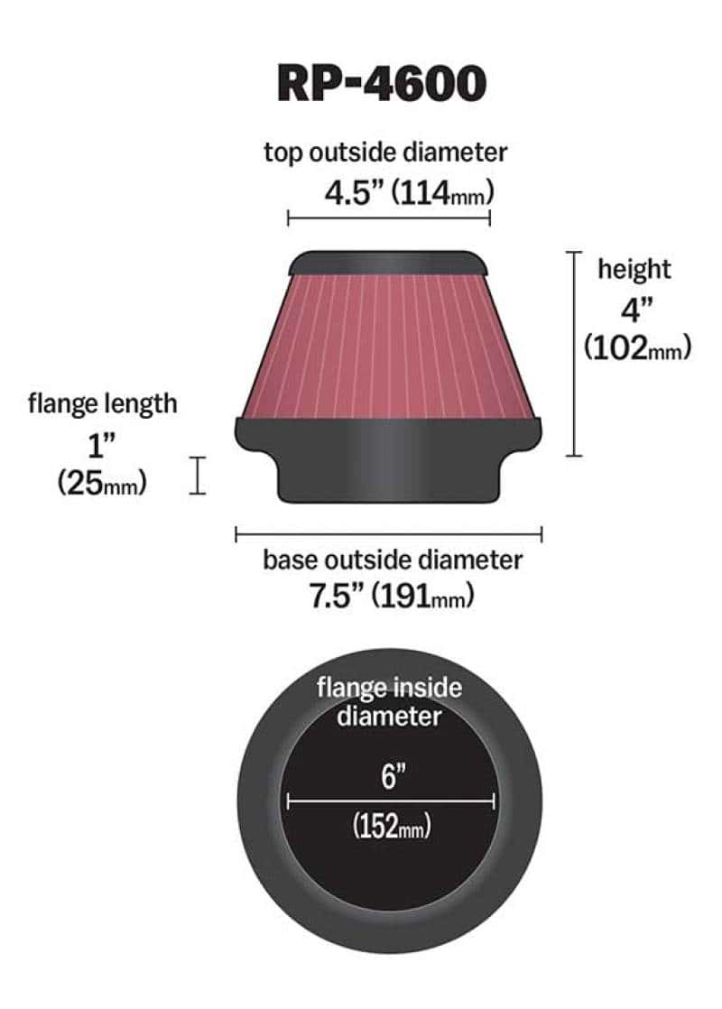 K&N Engineering — K&N Universal Round Tapered Carbon Fiber Air Filter 6in Flg ID Centered/7.5in B OD/4.5in T OD/4in H
Universal Air Filter
Universal Filter - view 3