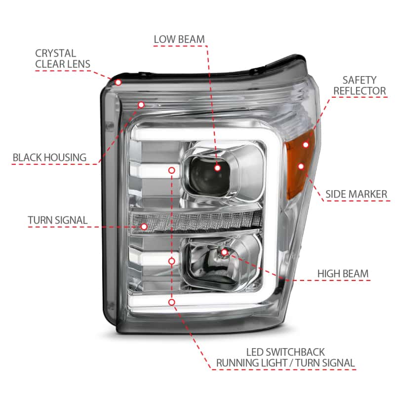 ANZO — ANZO 11-16 Ford F-250/F-350/F-450 Projector Headlights w/ Plank Style Switchback Chrome w/Amber
Projector Headlights
Head Light Set - view 6