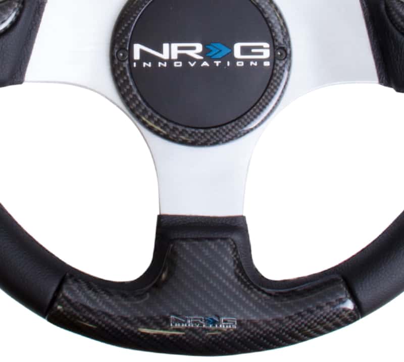 NRG — NRG Carbon Fiber Steering Wheel (350mm) Silver Frame Blk Stitching w/Rubber Cover Horn Button - view 3