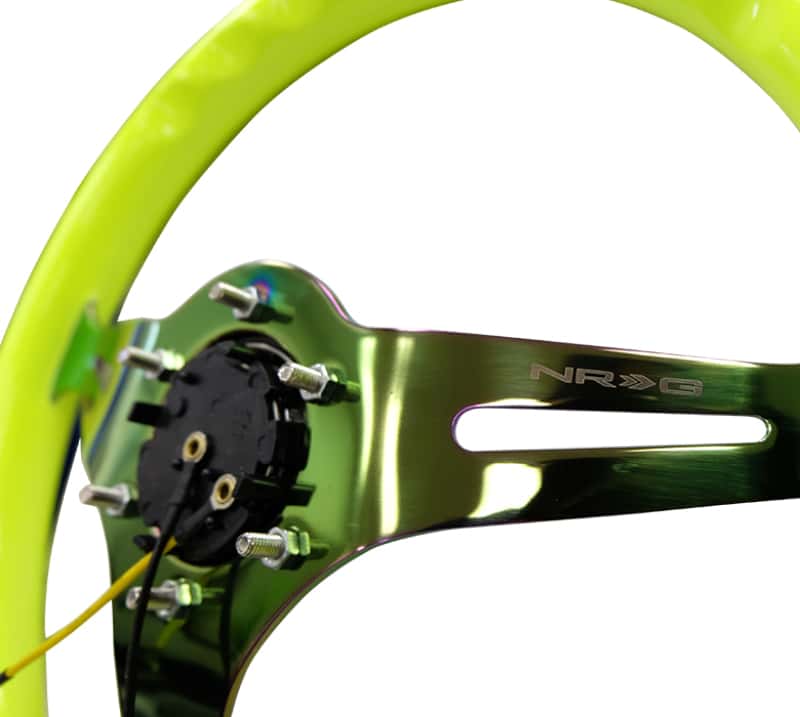 NRG — NRG Classic Wood Grain Steering Wheel (350mm) Neon Yellow Color w/Neochrome Spokes - view 5
