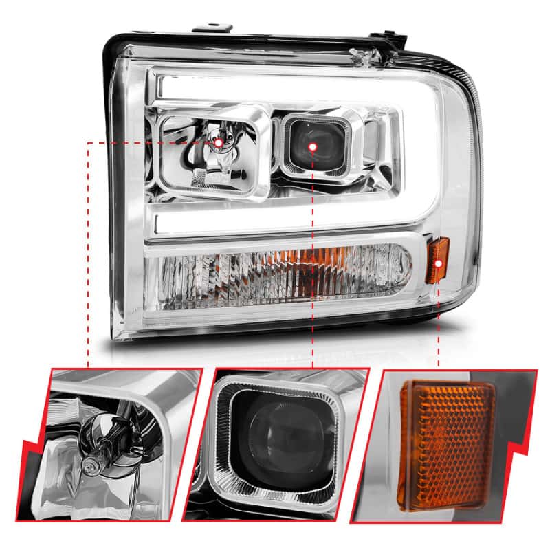ANZO — ANZO 99-04 Ford F250/F350/F450/Excursion (excl 99) Projector Headlights - w/Light Bar Chrome Housing
Head Light Set
HdLtSet - view 9