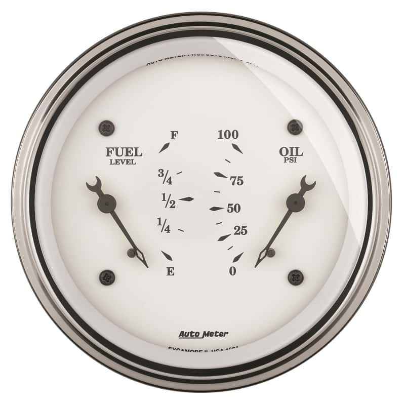 AutoMeter — AutoMeter Gauge Dual Fuel & Oilp 3-3/8in. 240 Ohm(e) to 33 Ohm(f) & 100PSI Elec Old Tyme Wht
3-3/8" DUAL, FUEL LE - view 1