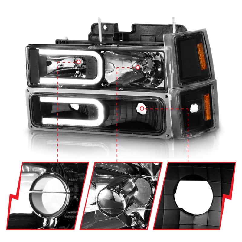 ANZO — ANZO 88-98 Chevrolet C1500 Crystal Headlights w/ Light Bar Black Housing w/ Signal Side Markers 8Pcs
Head Light Set
HdLtSet - view 4